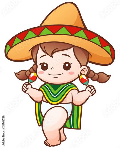 Vector Illustration Of Cartoon Cute Baby Girl Wear Mexican Stock Vector