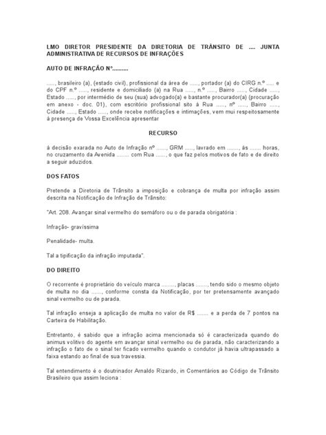 Recurso De Multa Sinal Vermelho Pdf Prova Jurídico Tráfego