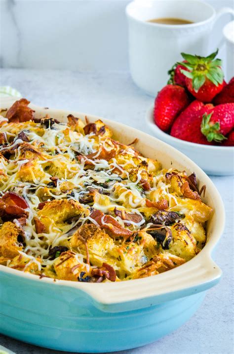 Easy Egg Strata Recipe W Bacon Caramelized Onions Garlic Zest