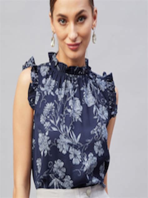 Buy Rare Navy Blue Floral Print Tie Up Neck Ruffles Georgette Top