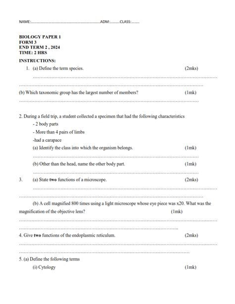 Form Biology Paper End Term Exams With Marking Schemes