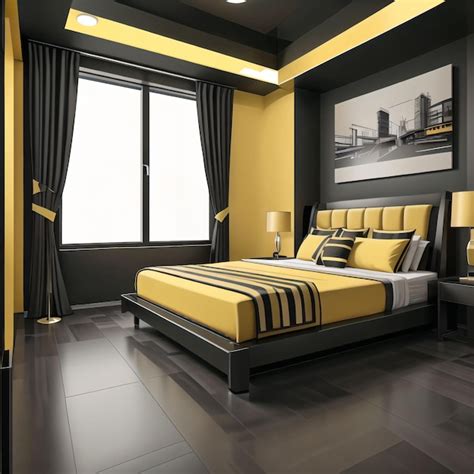 Premium AI Image | A bedroom with yellow and black walls and a black ...