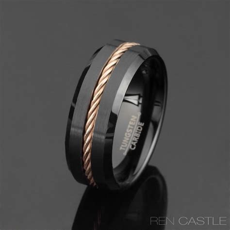 Brushed Gray Black Tungsten Ring Rose Gold Wedding Band 18k Etsy