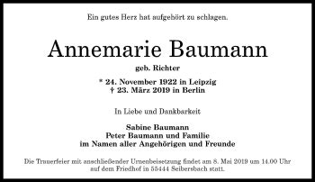 Traueranzeigen Von Annemarie Baumann Rz Trauer De