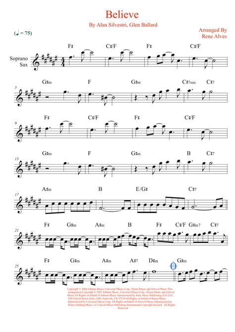 Believe Arr Rene Alves By Josh Groban Sheet Music For Soprano Sax