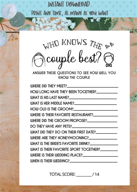 Who Knows The Couple Best Bridal Shower Game Printable Download