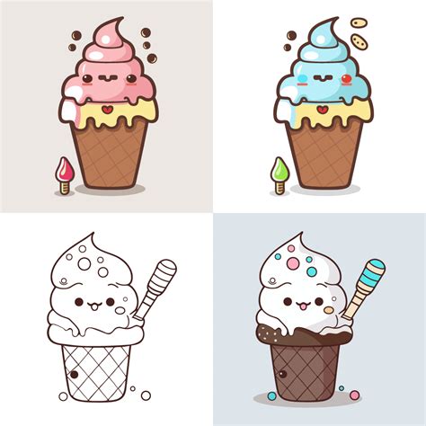 Cute Ice Cream Cartoon Line Art Vector Icon Illustration Food Drink Flat Cartoon Concept Pro