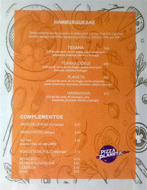 Menu at Pizza Planeta restaurant Tepoztlán