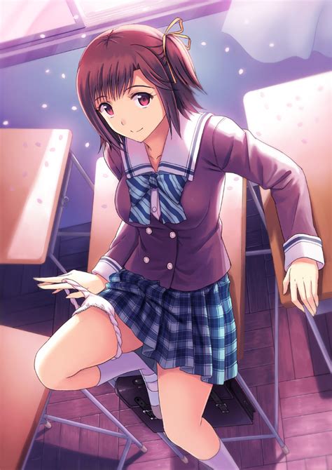 Safebooru Bag Brown Hair Classroom Desk From Above Hair Ribbon Kichiroku Kneehighs Looking At