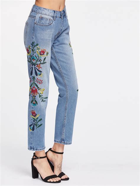 Shop High Waist Embroidery Full Length Jeans Online Shein Offers High