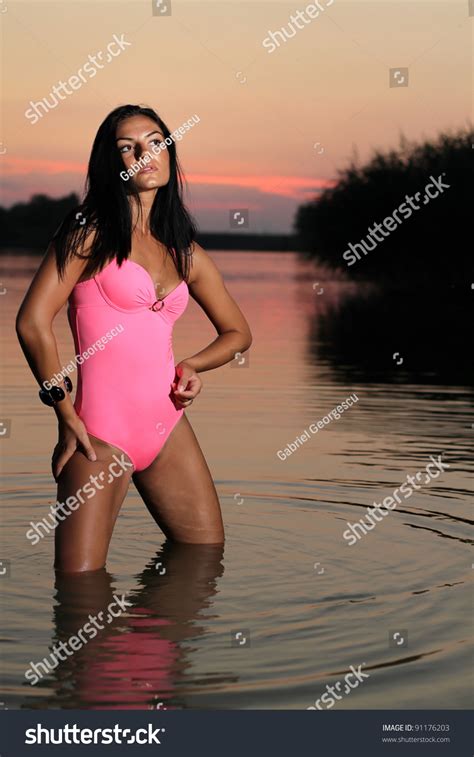 Sexy Brunette Woman Water Sunset Erotic Stock Photo 91176203 Shutterstock