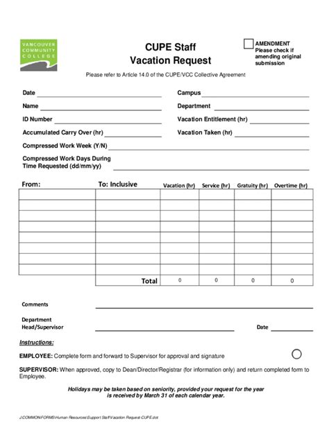 Fillable Online Cupe Vacation Request Form Draft Fax Email Print