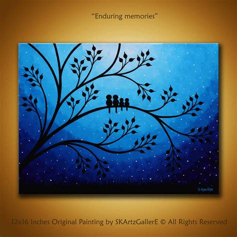 Family Birds Painting,blue Canvas Art, Birds on Tree Painting, Night Sky Birds Artwork Nursery ...