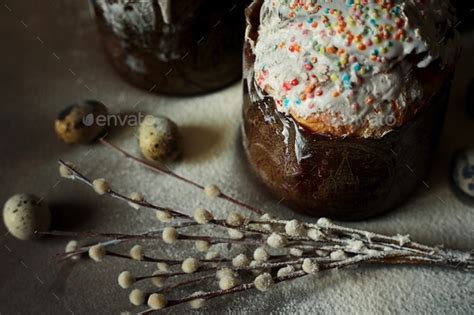 Easter Cakes Pussy Willow And Quail Eggs Stock Photo By Arkhangelovaoksana
