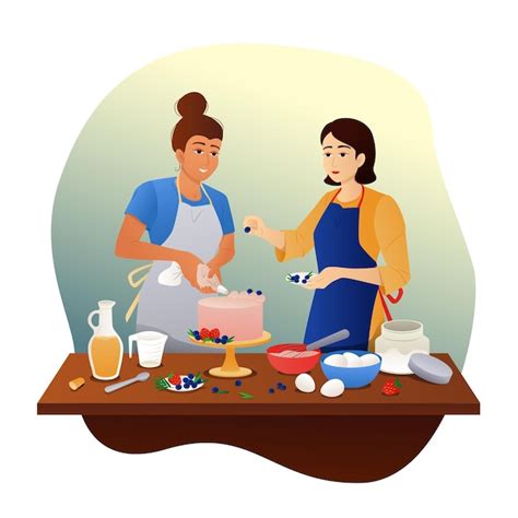 Ilustra O Em Vetor De Duas Mulheres Cozinhando Um Bolo Vetor Premium