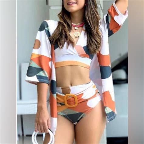 Cbr Swim New Pcs Allover Print Vneck Bikini Set With Cover Up Poshmark