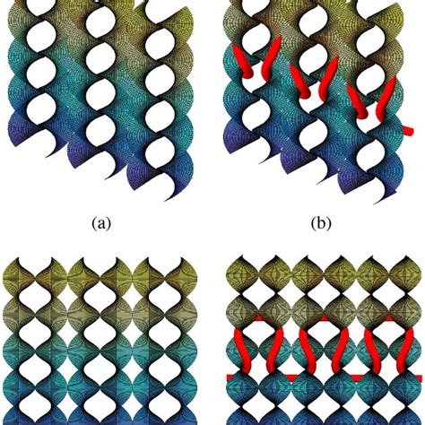 (a) Helicoids are replicated and shifted to create scaffolds, (b) a ...