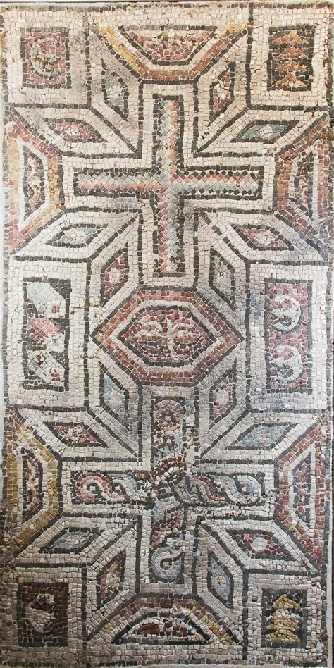 A large panel of Roman geometric mosaic tiles. Set in orinal grout ...