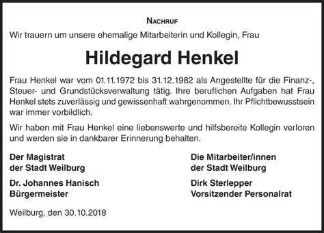 Traueranzeigen Von Hildegard Henkel Vrm Trauer De