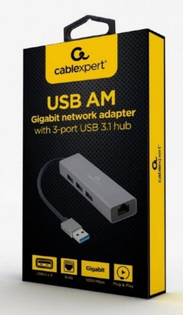 Gembird A AMU3 LAN 01 USB AM Gigabit Network Adapter With 3 Port USB 3