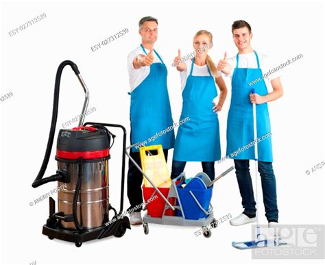 Group Of Janitors Standing With Their Cleaning Equipment Showing Thumbs