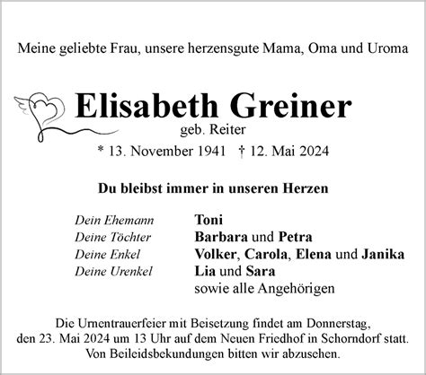 Traueranzeigen Von Elisabeth Greiner Zvw Trauer