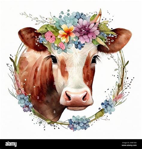 Cow Portrait With Flowers On Head Hand Drawn Watercolor Illustration