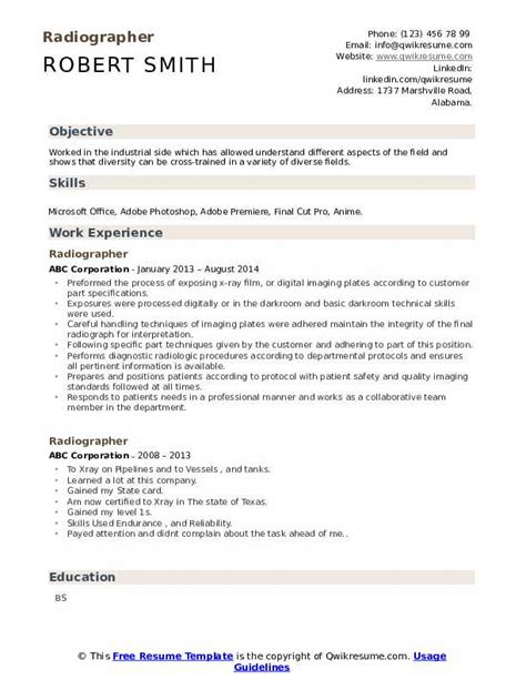 Radiographer Resume Samples | QwikResume