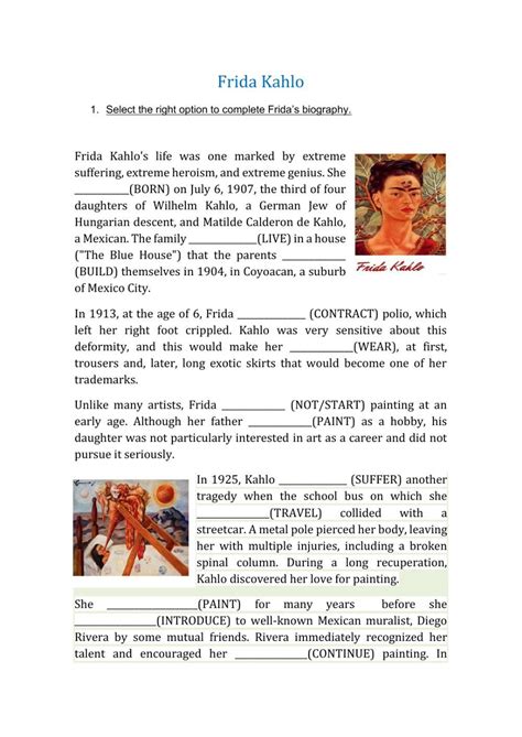 Frida Kahlo Biography Worksheet English Language Activities Frida