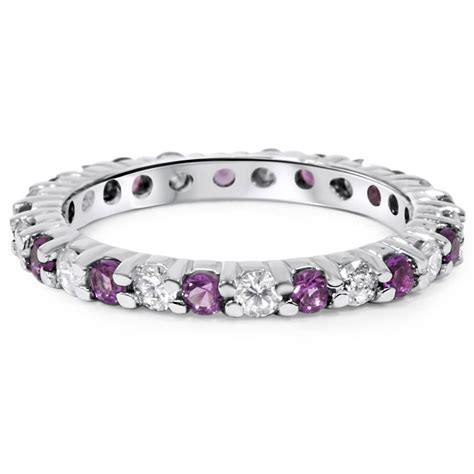 1 12ct Diamond And Amethyst Eternity Stackable Ring 14k White Gold