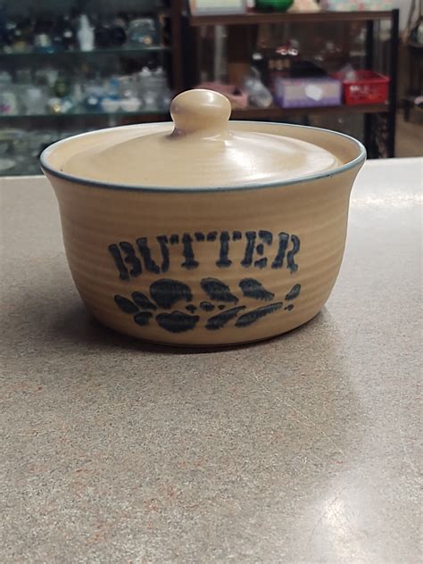 Pfaltzgraff Folk Art Lidded Butter Crock Tub Beige Navy Ebay