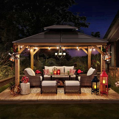 Sunjoy Outdoor Patio 11x13 Brown 2 Tier Wooden Frame Backyard Hardtop Gazebo With Ceiling Hook