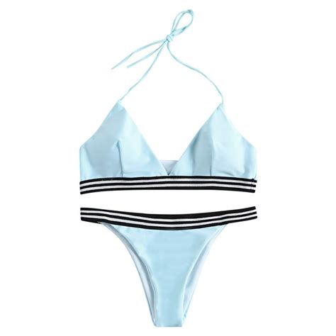 Stripy Pure Color Halter Padded Bikini Set Light Sky Blue