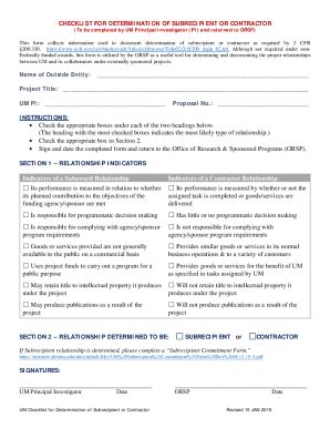 Fillable Online Um Checklist For Determination Of Subrecipient Or