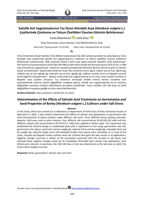 PDF Salisilik Asit Uygulamalarının Tuz Stresi Altındaki Arpa Hordeum