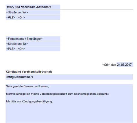 Kündigung Sportverein Vorlage mit Mustertext Kostenlose Vordrucke