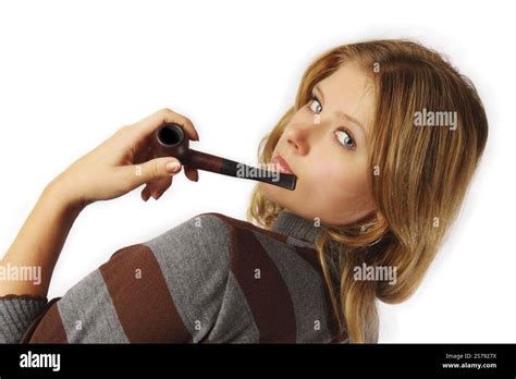 Pretty Blonde Girl Smoking Pipe Isolated On White Stock Photo Alamy