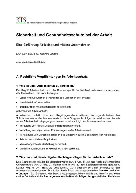 Sicherheit Und Gesundheitsschutz Bei Der Arbeit Bips