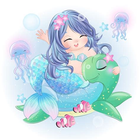 Premium Vector Hand Drawn Cute Mermaid Sitting In The Sea Turtle