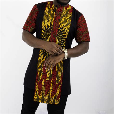 YAW MEN’S AFRICAN PRINT TRADITIONAL SHIRT DRESS (RED AND YELLOW ANKARA FABRIC ) BLACK – Chimzi