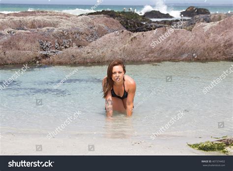 Sexy Bikini Model Crawling Out Sea Stock Photo 407374402 Shutterstock