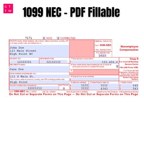 1099 Nec Editable Pdf Fillable Template 2024 With Print And Clear