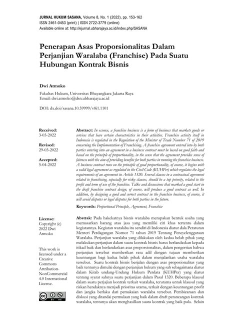 Pdf Penerapan Asas Proporsionalitas Dalam Perjanjian Waralaba