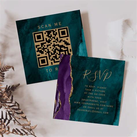 Purple Gold Teal Agate Wedding QR Code RSVP Enclosure Card Zazzle