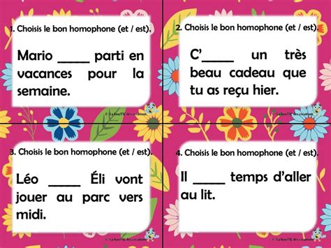 Cartes à tâches Homophones et est