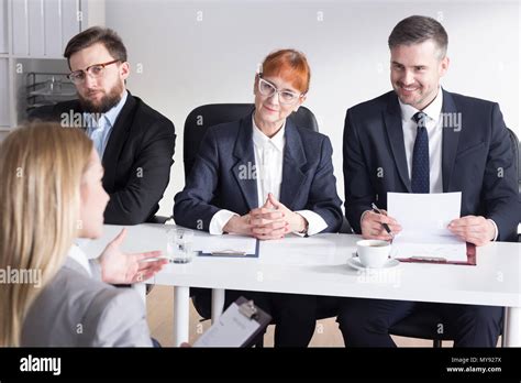 Blonde Woman During Job Interview In Corporation Stock Photo Alamy