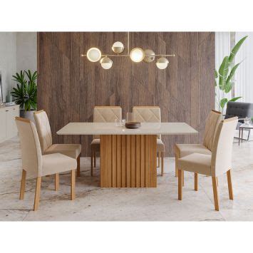 Conjunto De Mesa De Jantar Tampo De Vidro Off White Ana E 6 Cadeiras Fernanda Suede Nude E