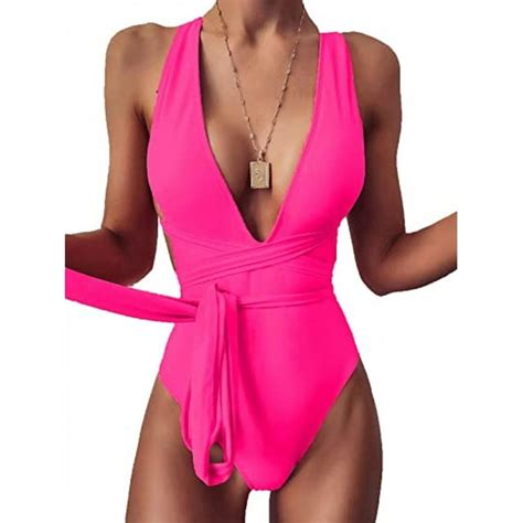 Aveki Sexy Tie Criss Cross Plunge One Piece Thong Swimsuit High Cut