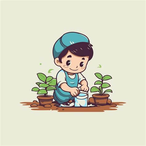 Un niño lindo regando las plantas en el jardín ilustración vectorial