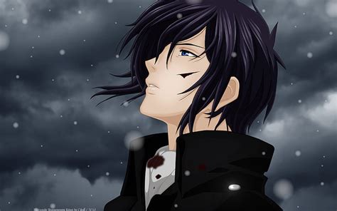 Black Haired Male Anime Character In Black Collared Top Snow Clouds